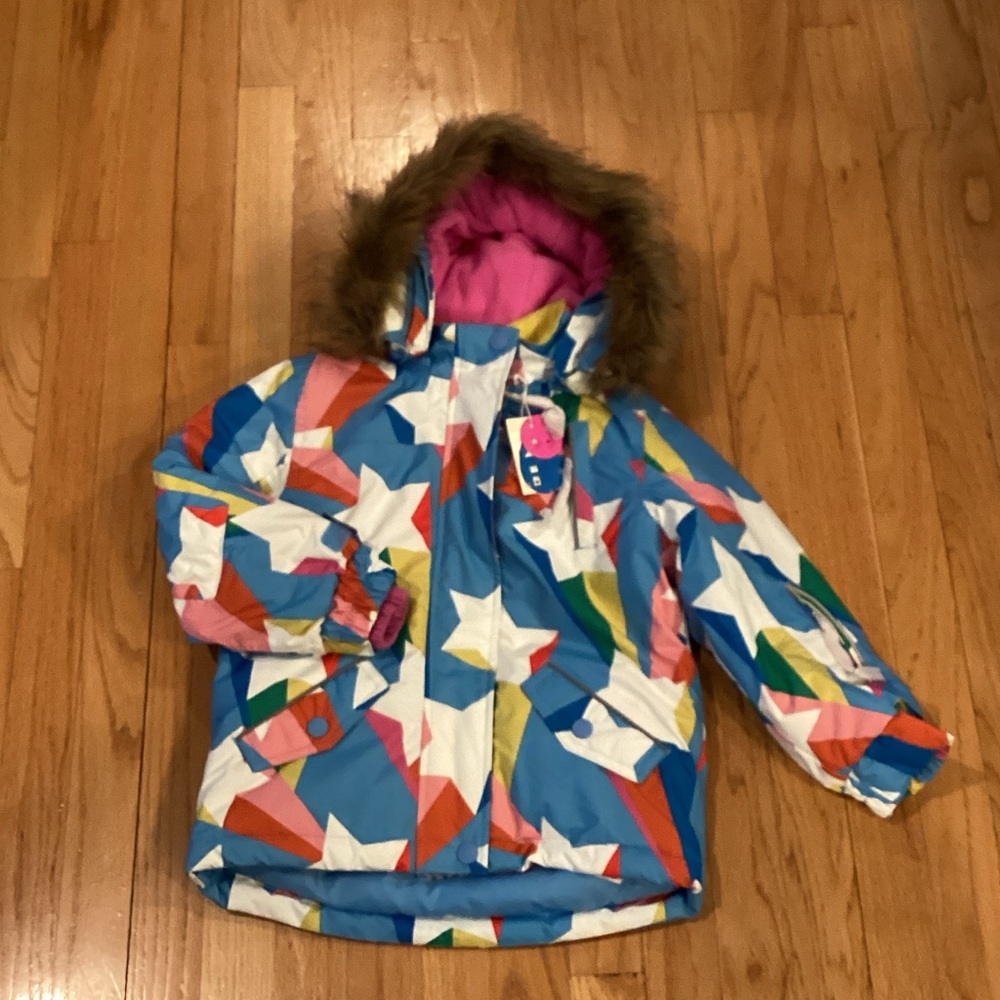 NWT Mini Boden Blue Star-Print Puffer Jacket with Faux-Fur Hood